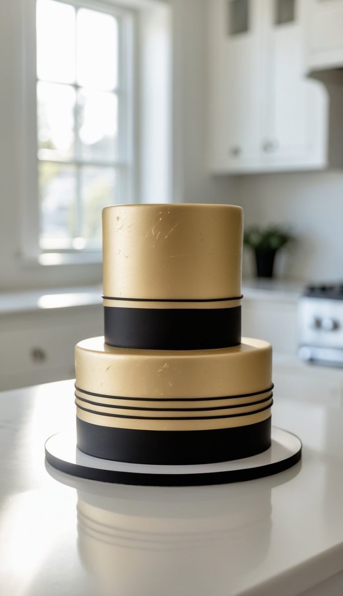 A two-tiered cake with smooth gold icing and black ribbon accents sits on a white countertop in a bright, modern kitchen.