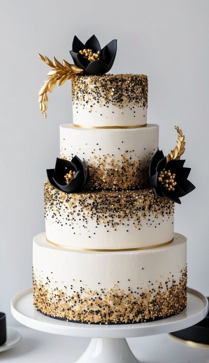 A three-tiered white cake decorated with gold and black sprinkles, gold ribbon accents, and black fondant flowers with gold leaves, displayed on a white cake stand.