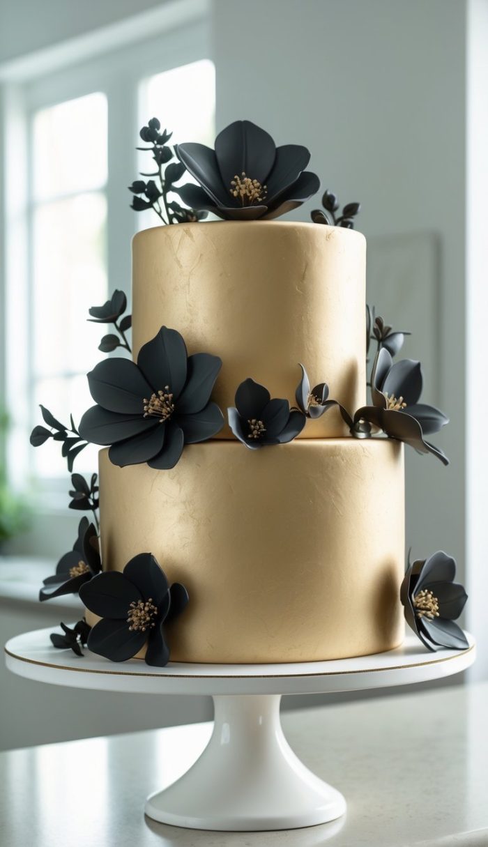 A two-tiered gold cake decorated with elegant black edible flowers sits on a white cake stand in a bright, modern kitchen.