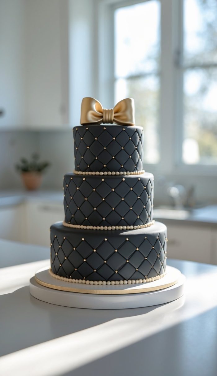 A three-tiered cake with black quilted fondant, gold pearl accents, and a large gold bow on top, displayed in a sunlit, modern kitchen.