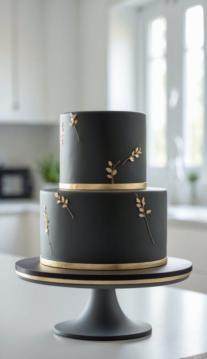 A two-tiered black cake with gold bands at the base of each tier and delicate gold leaf decorations, displayed on a black cake stand in a bright, modern kitchen.