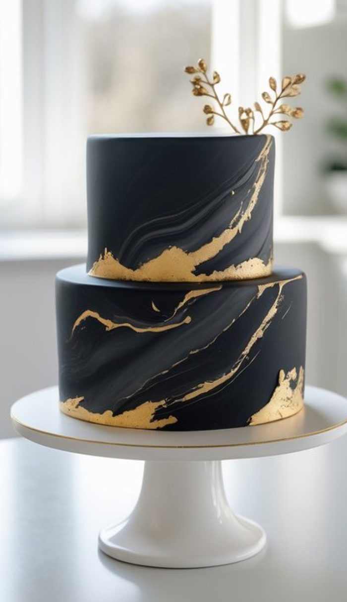 A two-tiered cake with smooth black fondant, decorated with elegant gold brushstroke accents and topped with a gold decorative sprig, displayed on a white cake stand.