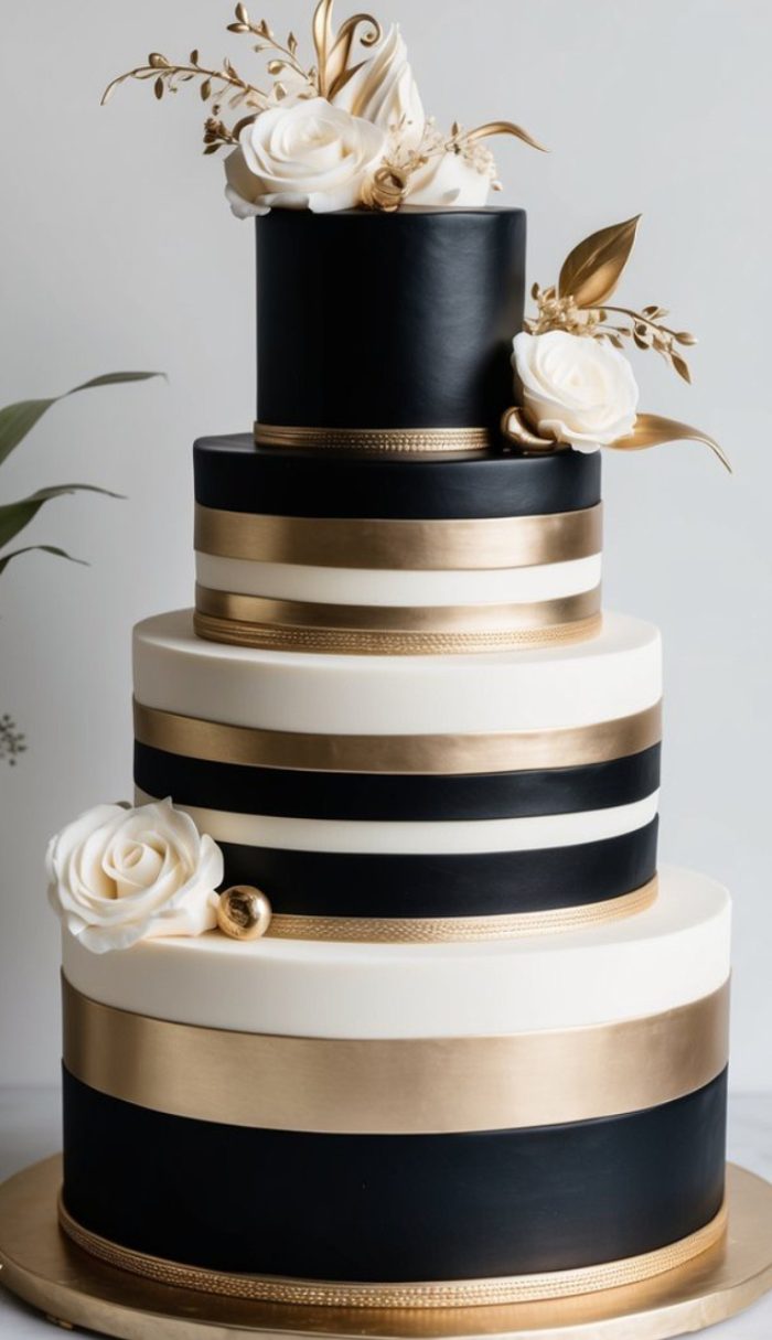 A four-tiered cake decorated with black, white, and gold bands, adorned with white roses and golden leaves, displayed on a gold base against a plain background.