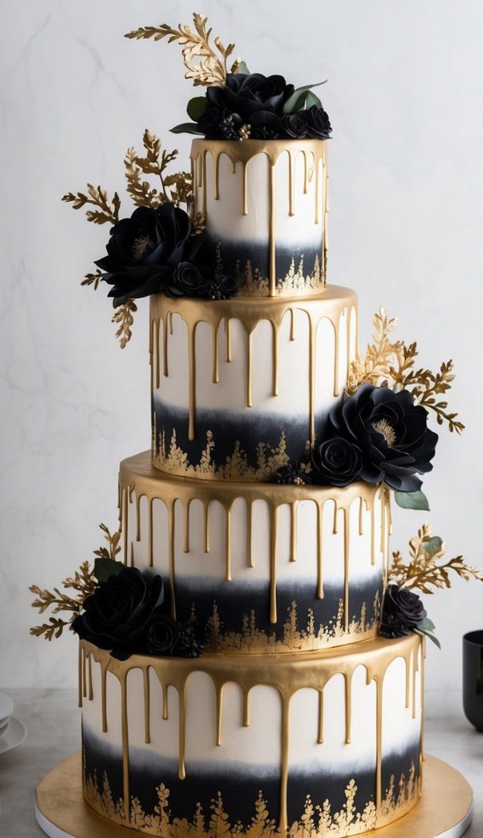 A four-tiered cake with white and black ombre icing, gold drip decoration, gold leaves, and large black fondant flowers on each tier. The cake has an elegant and modern design.