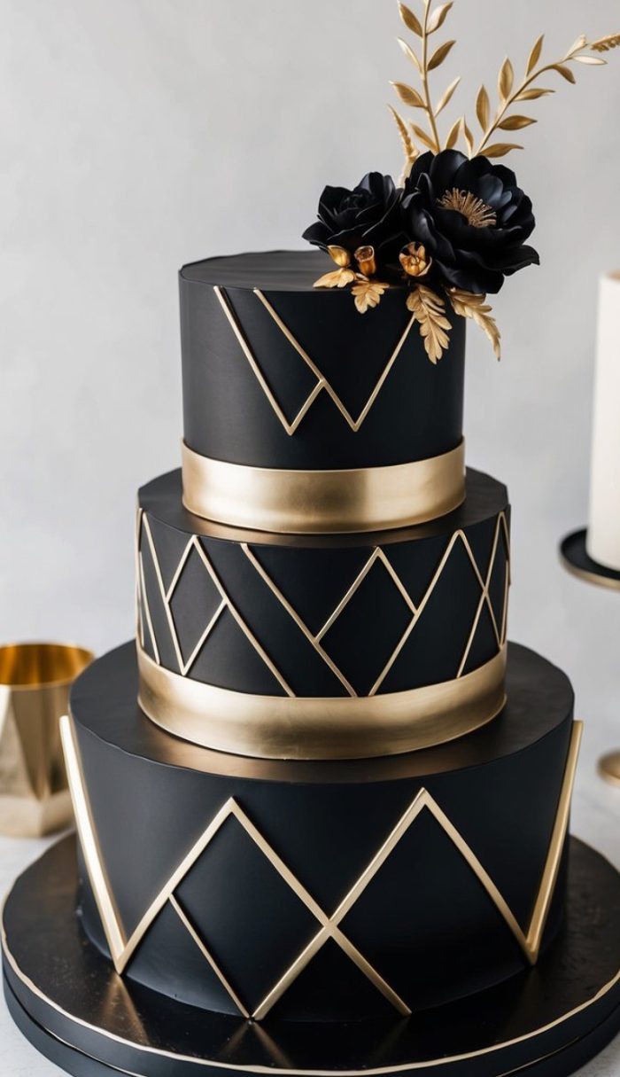 A three-tier black cake decorated with gold geometric lines and bands, topped with gold leaves and black flowers. The design is elegant and modern, with an art deco style.