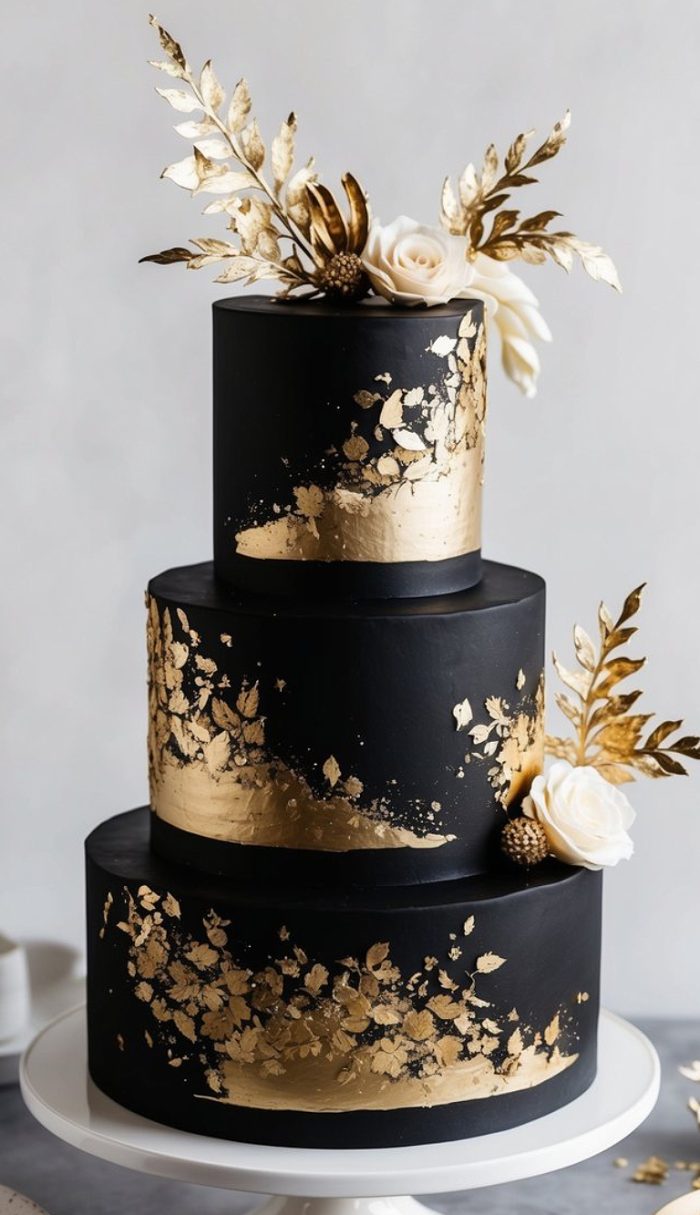 A three-tiered black cake decorated with gold leaf accents and topped with white roses and gold foliage, displayed on a white cake stand.