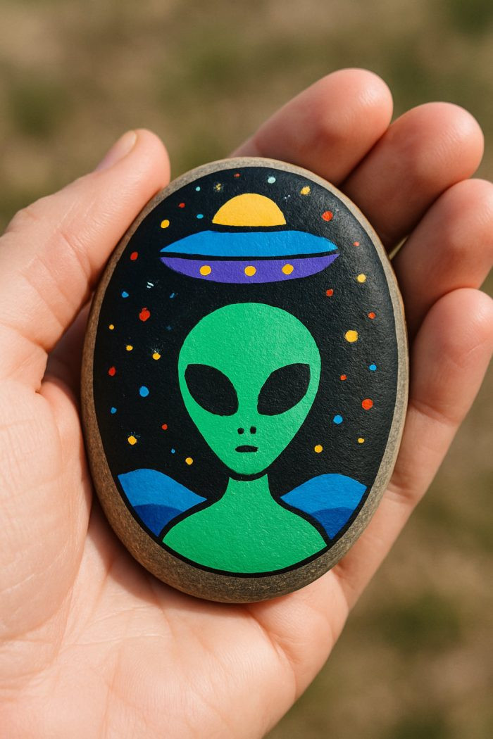 A hand holds a painted rock featuring a green alien with large black eyes, blue shapes resembling wings, and a purple UFO with a yellow top, surrounded by colorful dots on a black background.