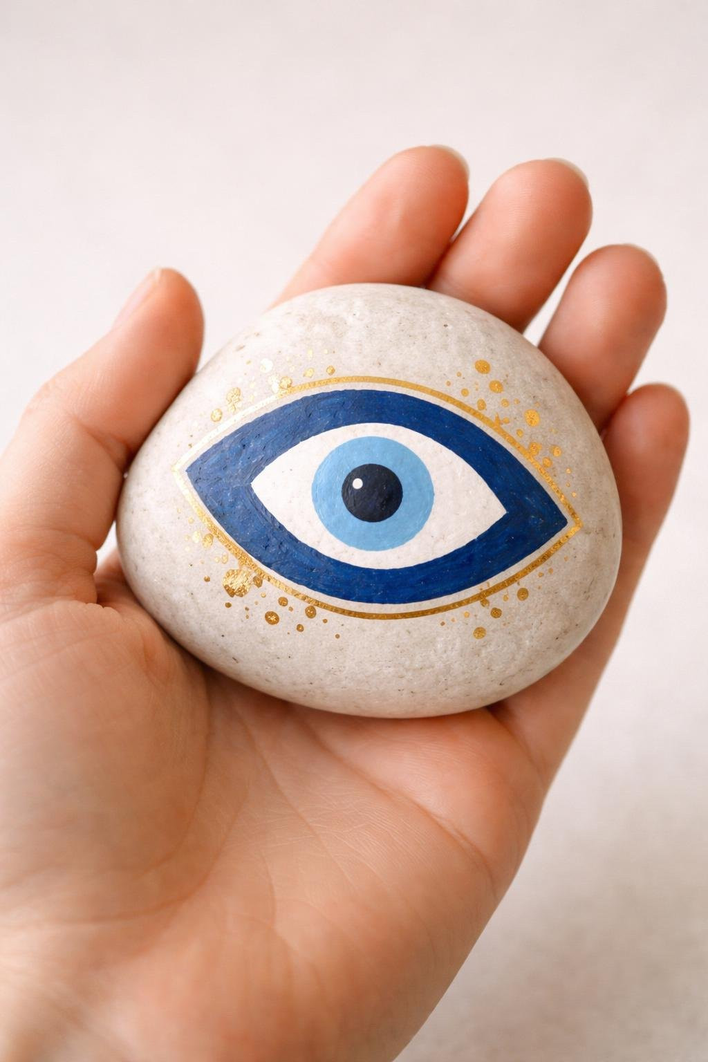 A hand holds a smooth, oval stone painted with a blue Nazar, or evil eye symbol, featuring concentric blue, white, and black circles and gold accents.