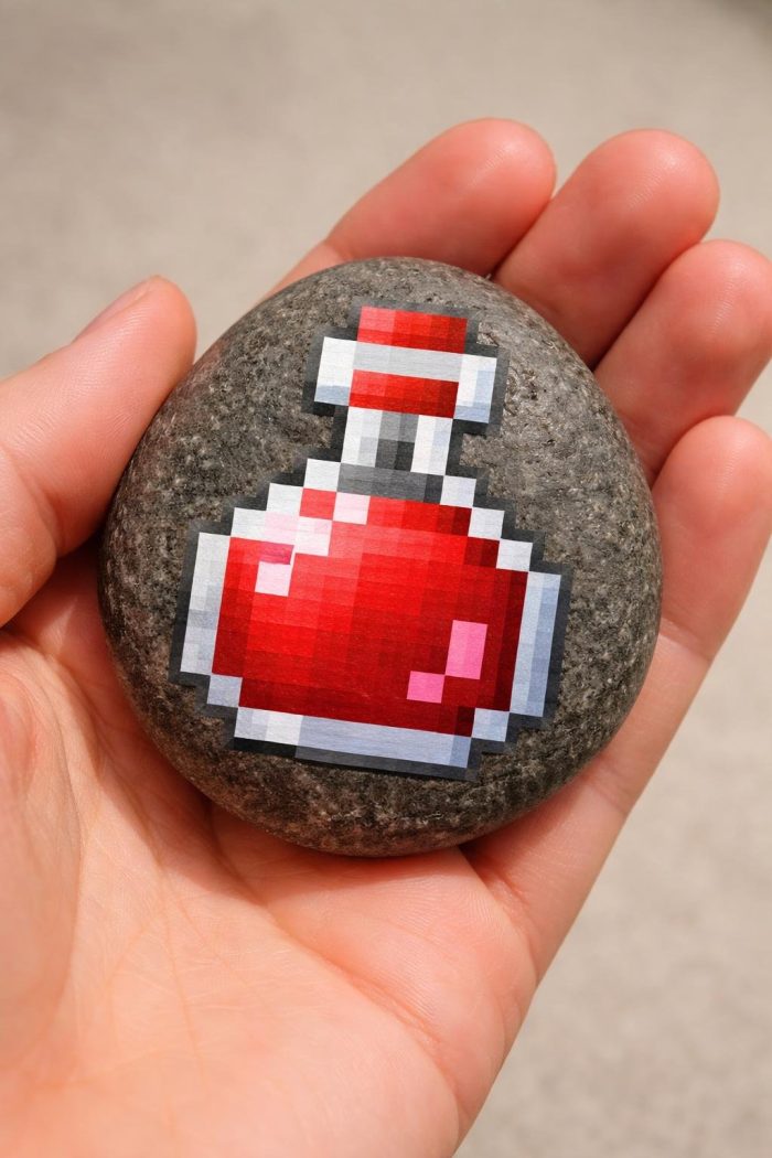 A hand holds a smooth gray stone with a pixelated red potion bottle design painted on it, resembling a video game item.