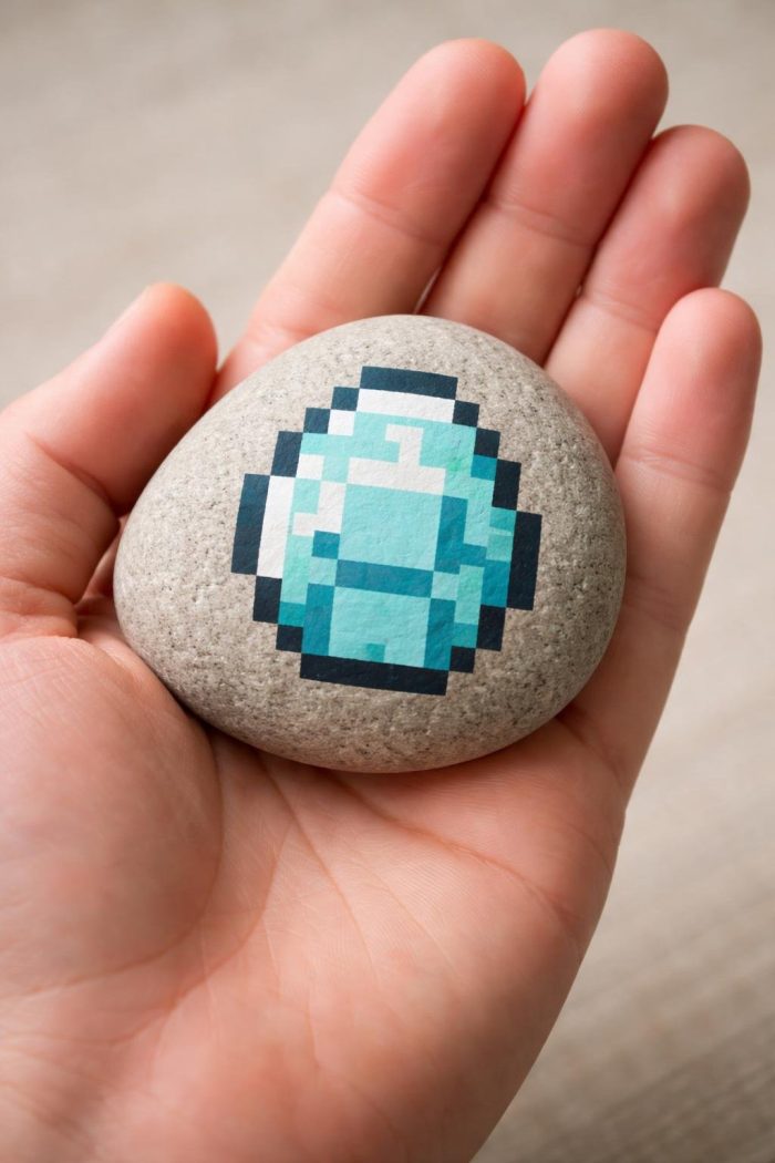 A hand holds a smooth stone painted with a pixel art-style blue diamond, resembling a Minecraft diamond icon, against a neutral background.