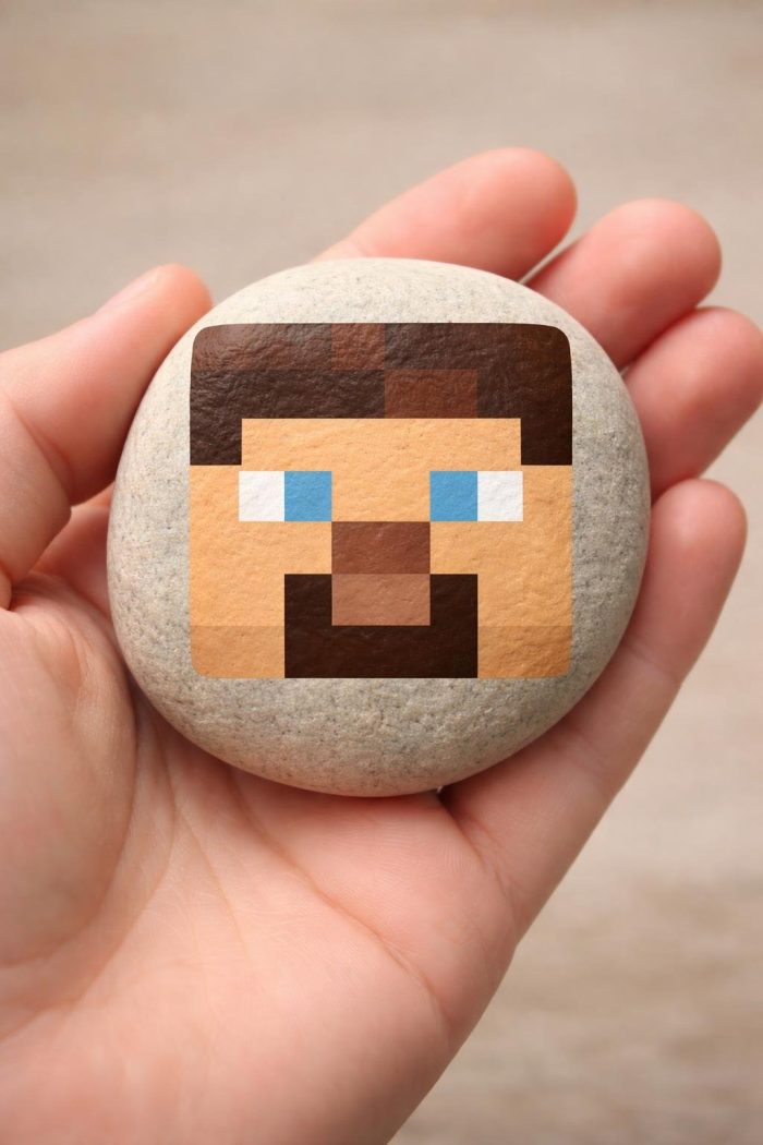 A hand holds a round stone painted with a pixelated face resembling the Minecraft character Steve, featuring blue eyes, brown hair, and a beard.