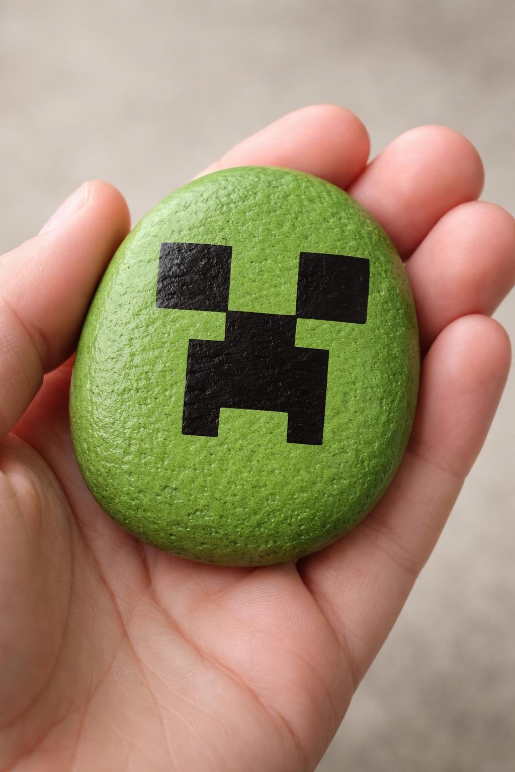 A hand holding a smooth river rock painted with a simple Minecraft Creeper face.