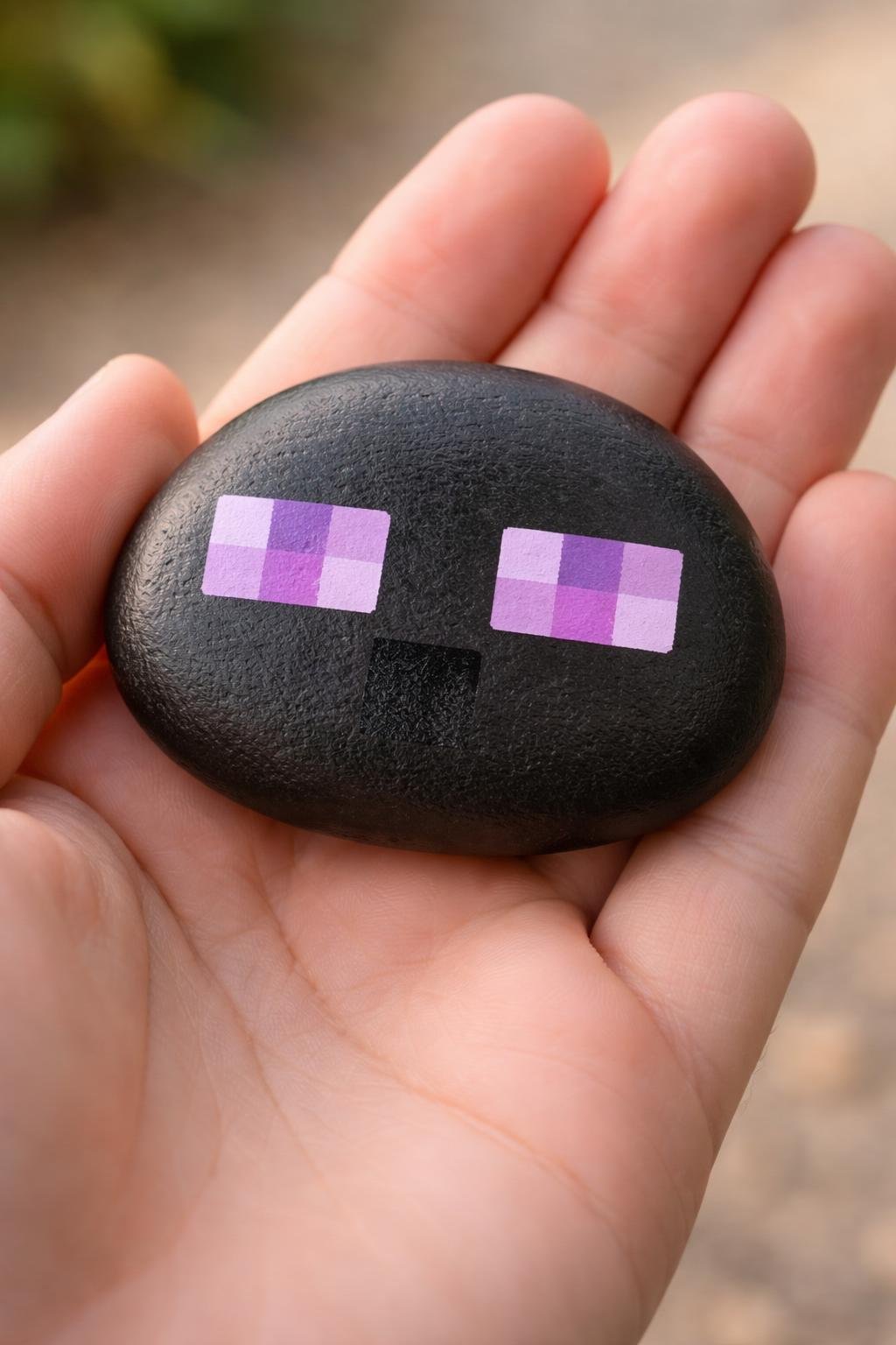 A hand holding a smooth painted rock with a simple Minecraft Enderman design.