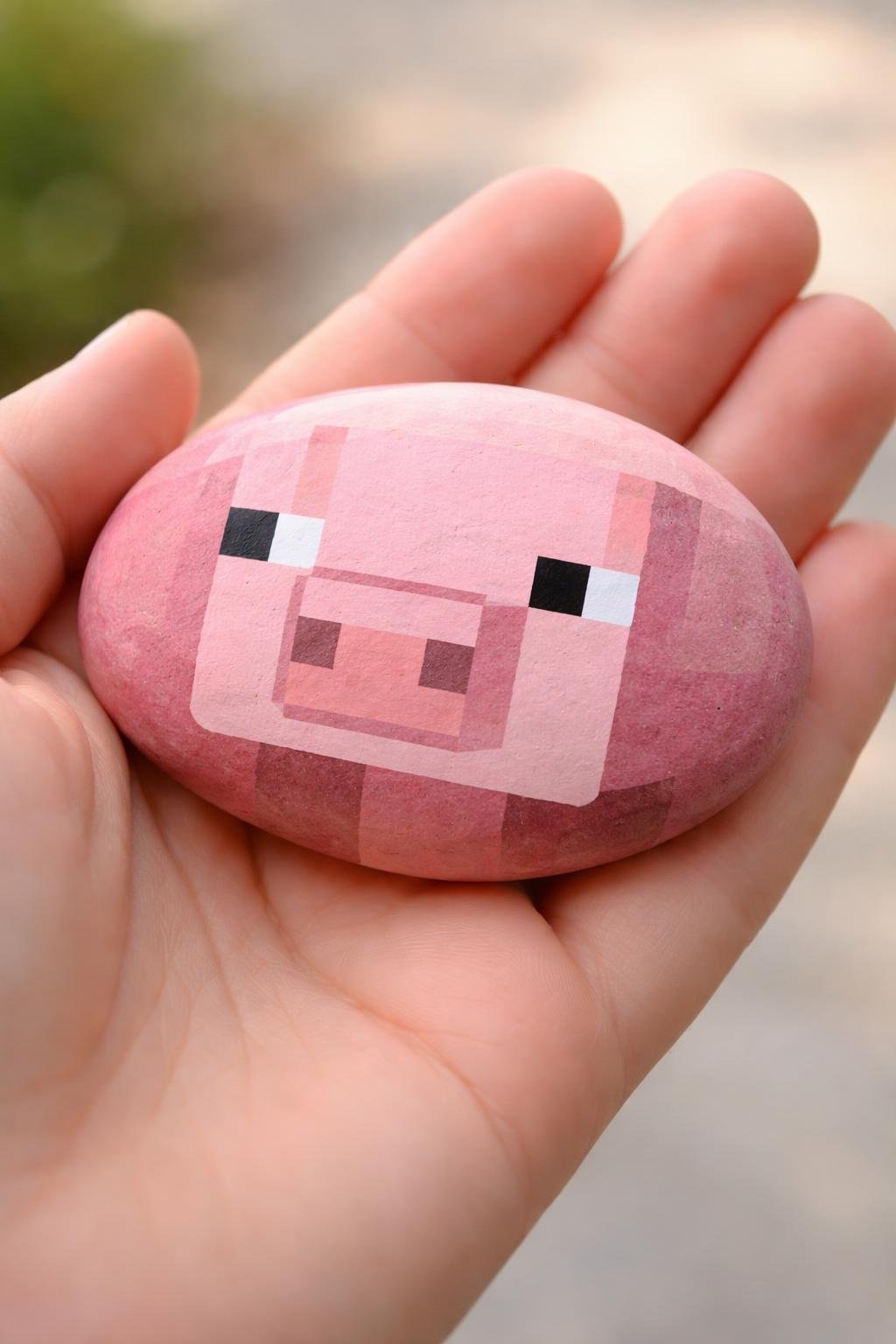 A hand holding a smooth painted rock featuring a simple Minecraft pig design.