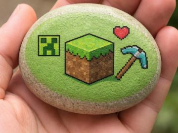 A hand holds a smooth stone painted with pixel art symbols from Minecraft: a Creeper face, a grass block, a red heart, and a pickaxe. The background is blurred greenery.