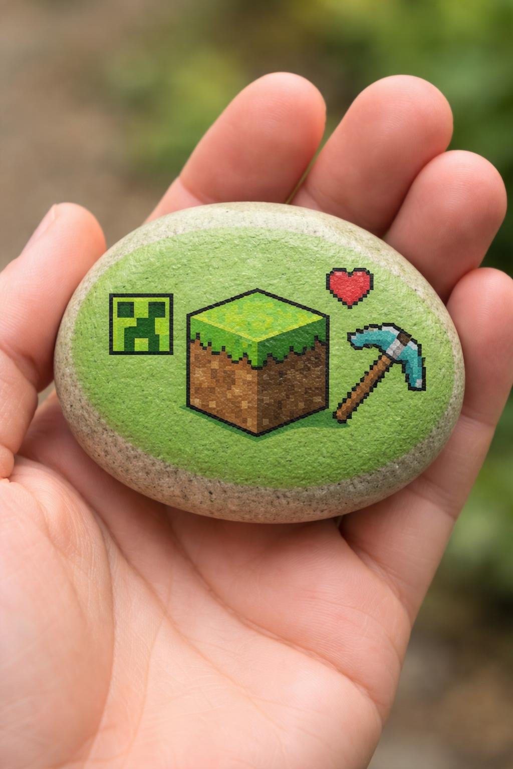 A hand holding a smooth painted river rock with a simple Minecraft-inspired design.