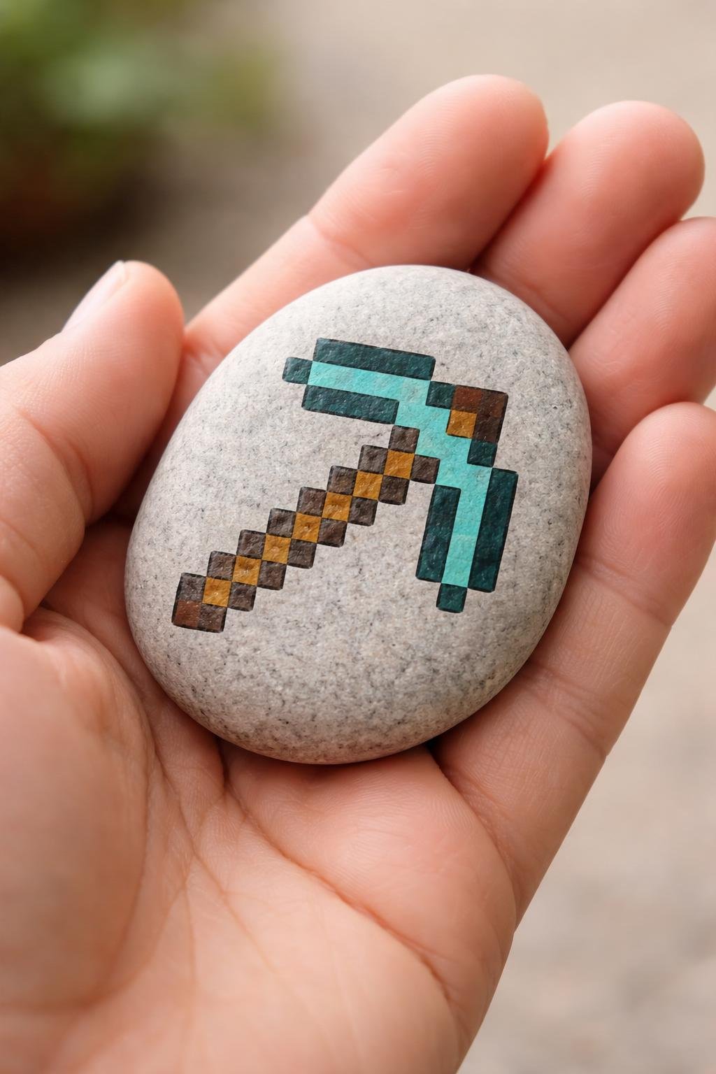 A hand holding a smooth river rock painted with a simple Minecraft pickaxe design.