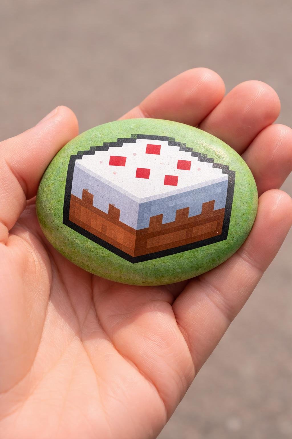 A hand holding a smooth river rock painted with a simple Minecraft cake design.