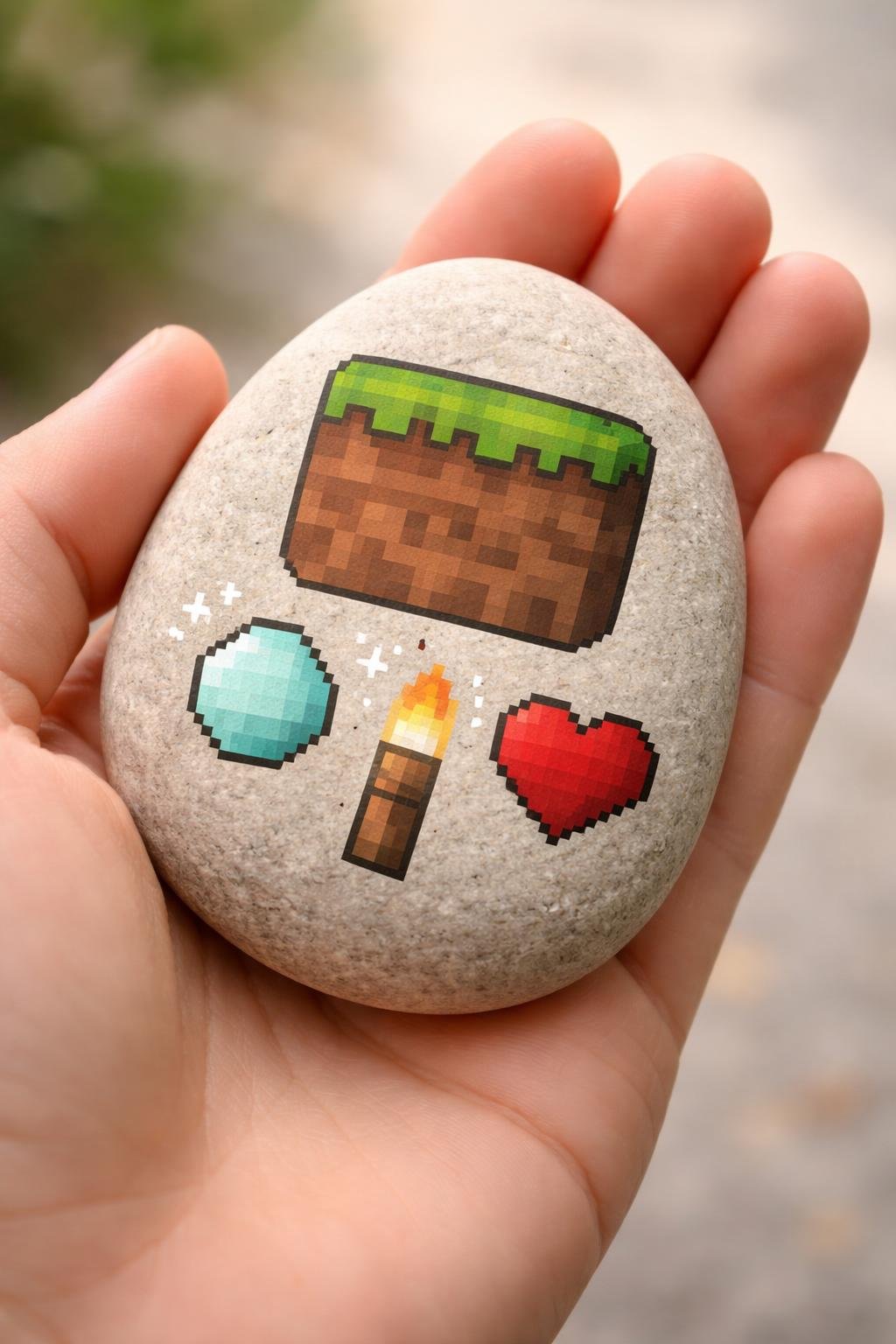 A hand holding a smooth painted river rock with a simple Minecraft-inspired design.