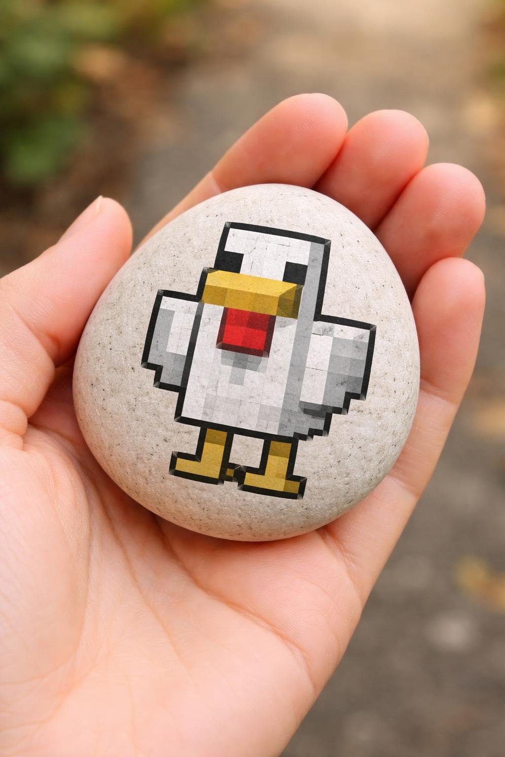 A hand holding a smooth river rock painted with a simple Minecraft chicken design.