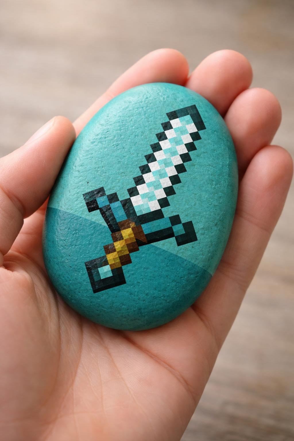 A hand holding a smooth river rock painted with a simple Minecraft sword design.