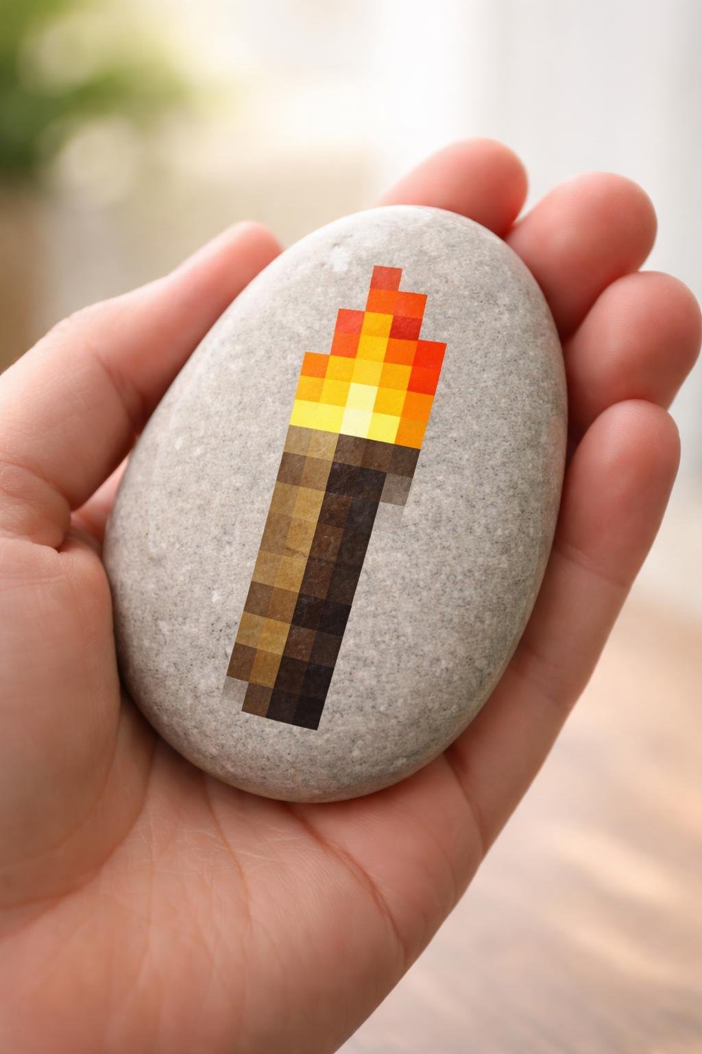 A hand holding a smooth river rock painted with a simple Minecraft torch design.