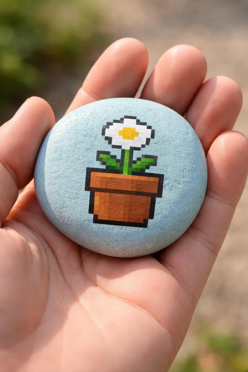 A hand holding a smooth painted rock with a simple design.