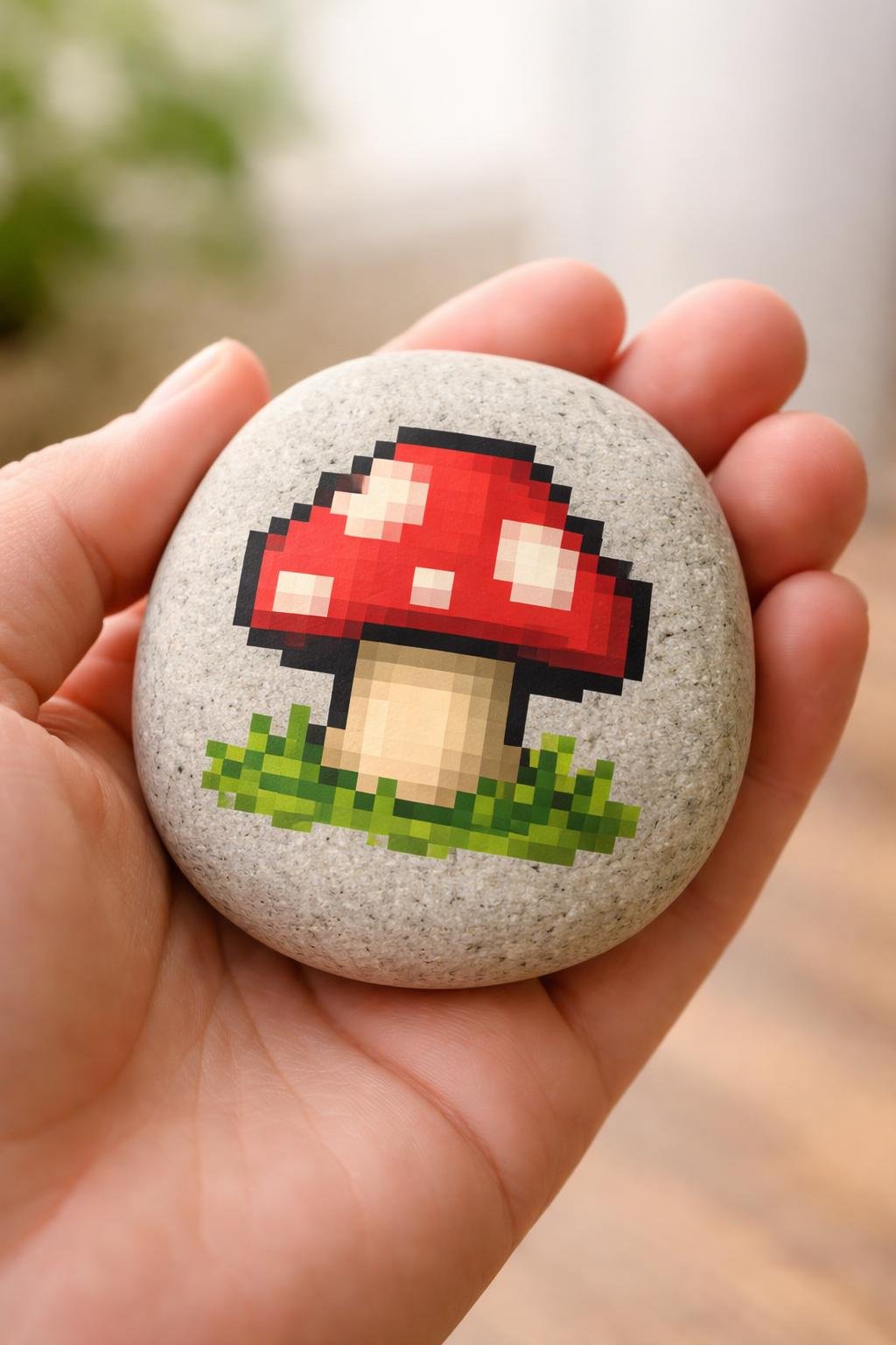 A hand holding a smooth river rock painted with a simple Minecraft mushroom design.