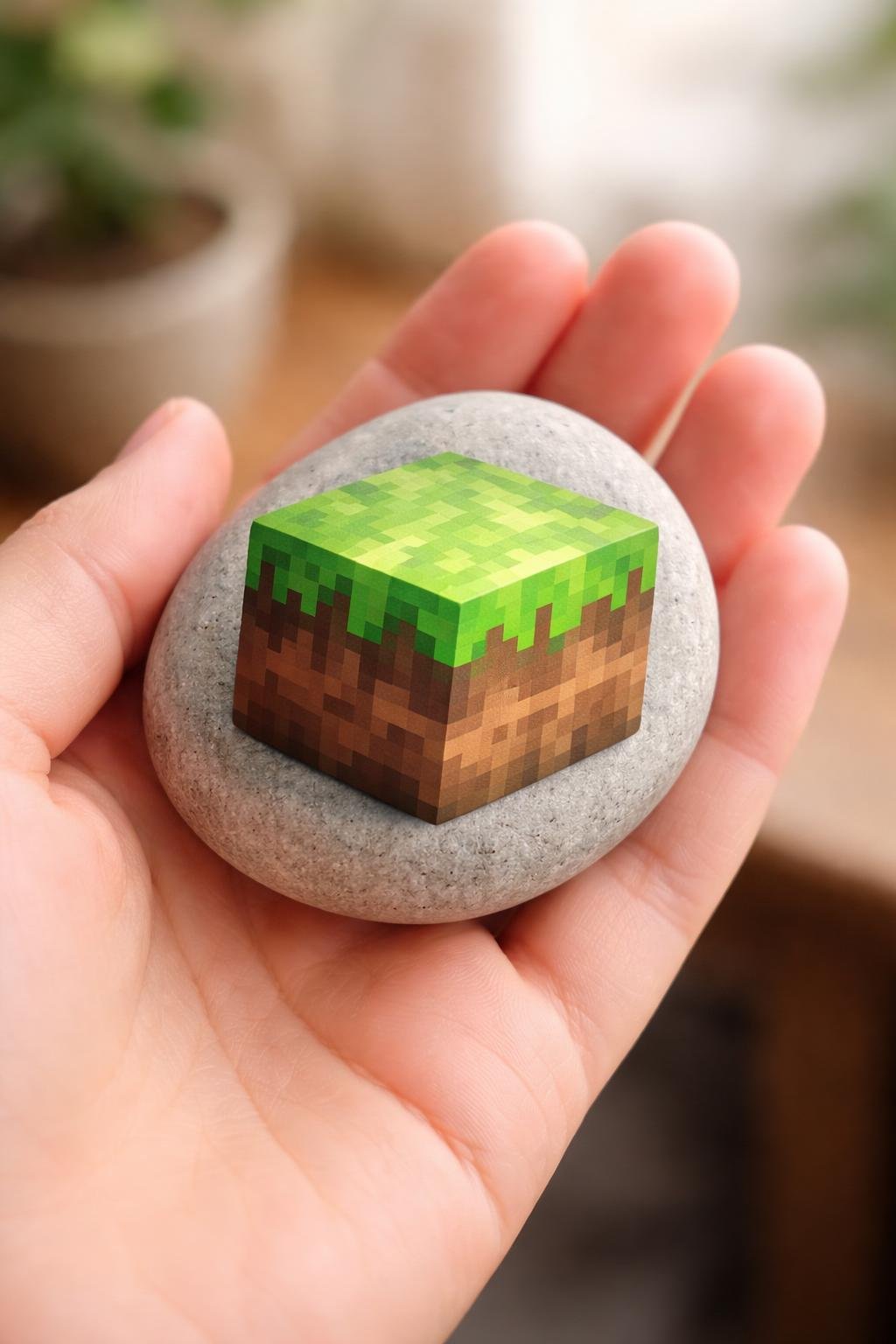 A hand holding a smooth river rock painted with a simple Minecraft-inspired design.
