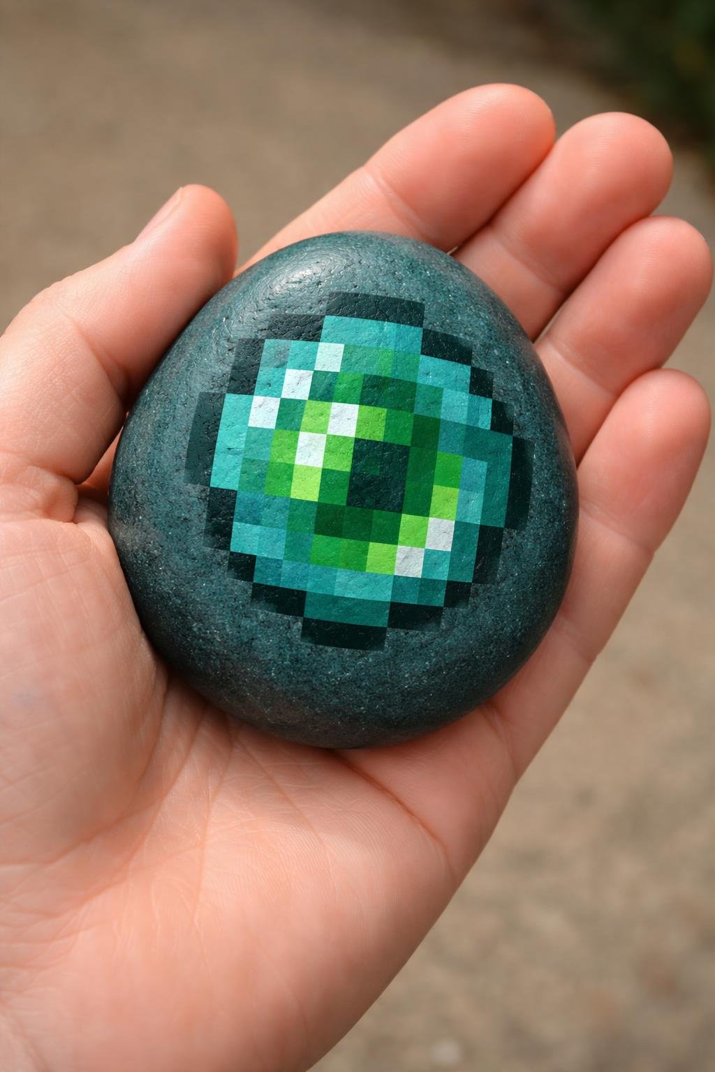 A hand holding a smooth river rock painted with a Minecraft Ender Pearl design.