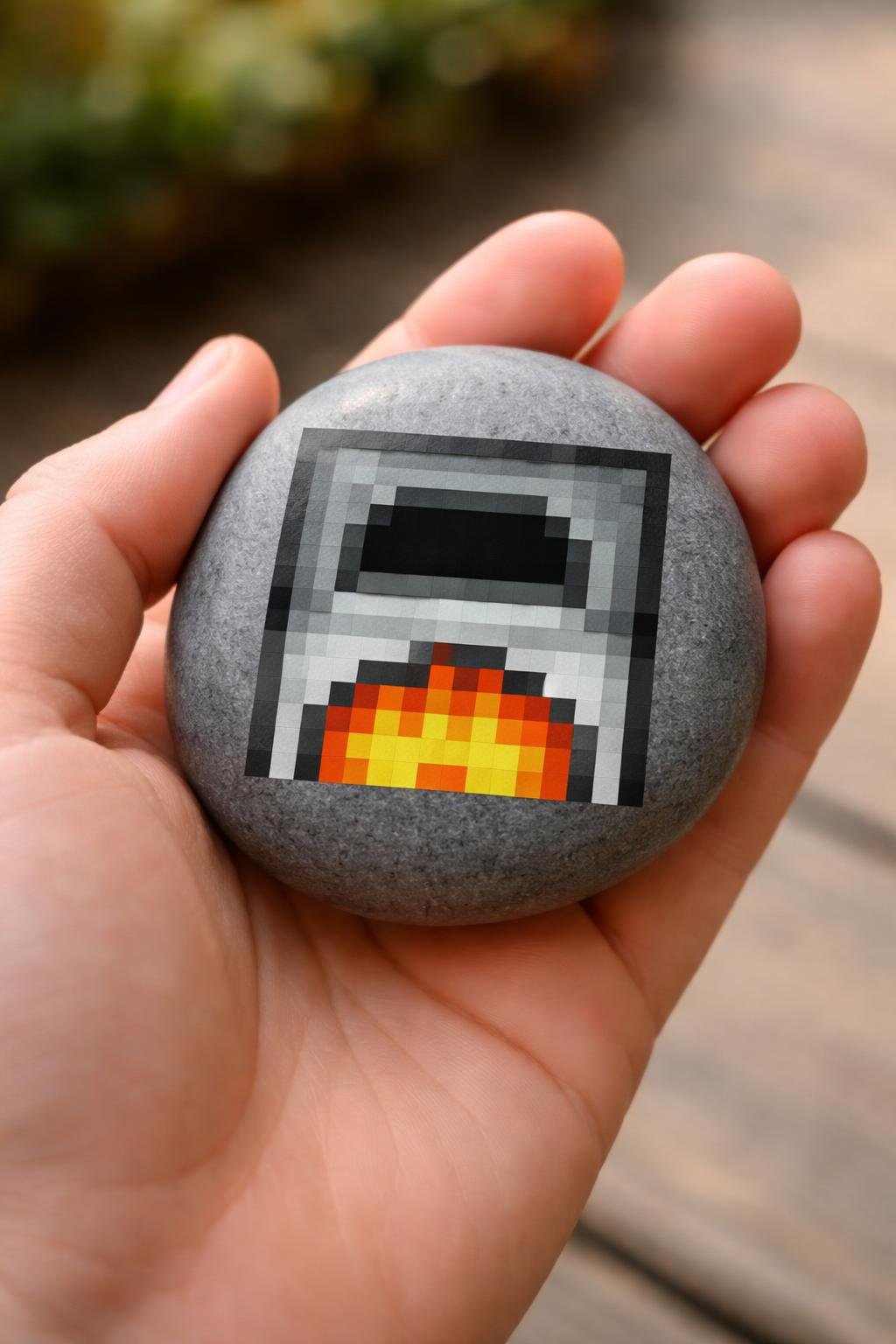 A hand holding a smooth painted rock with a simple Minecraft furnace design.