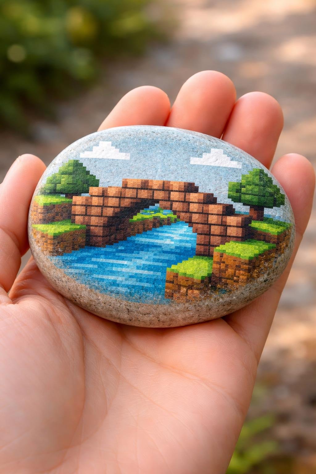 A hand holding a smooth river rock painted with a simple Minecraft bridge design.