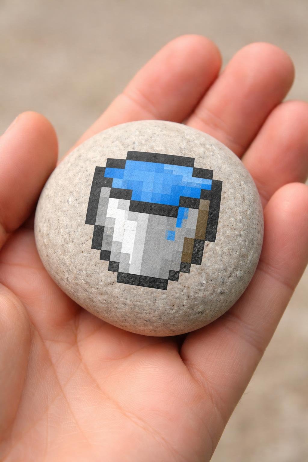 A hand holding a smooth river rock painted with a simple Minecraft water bucket design.