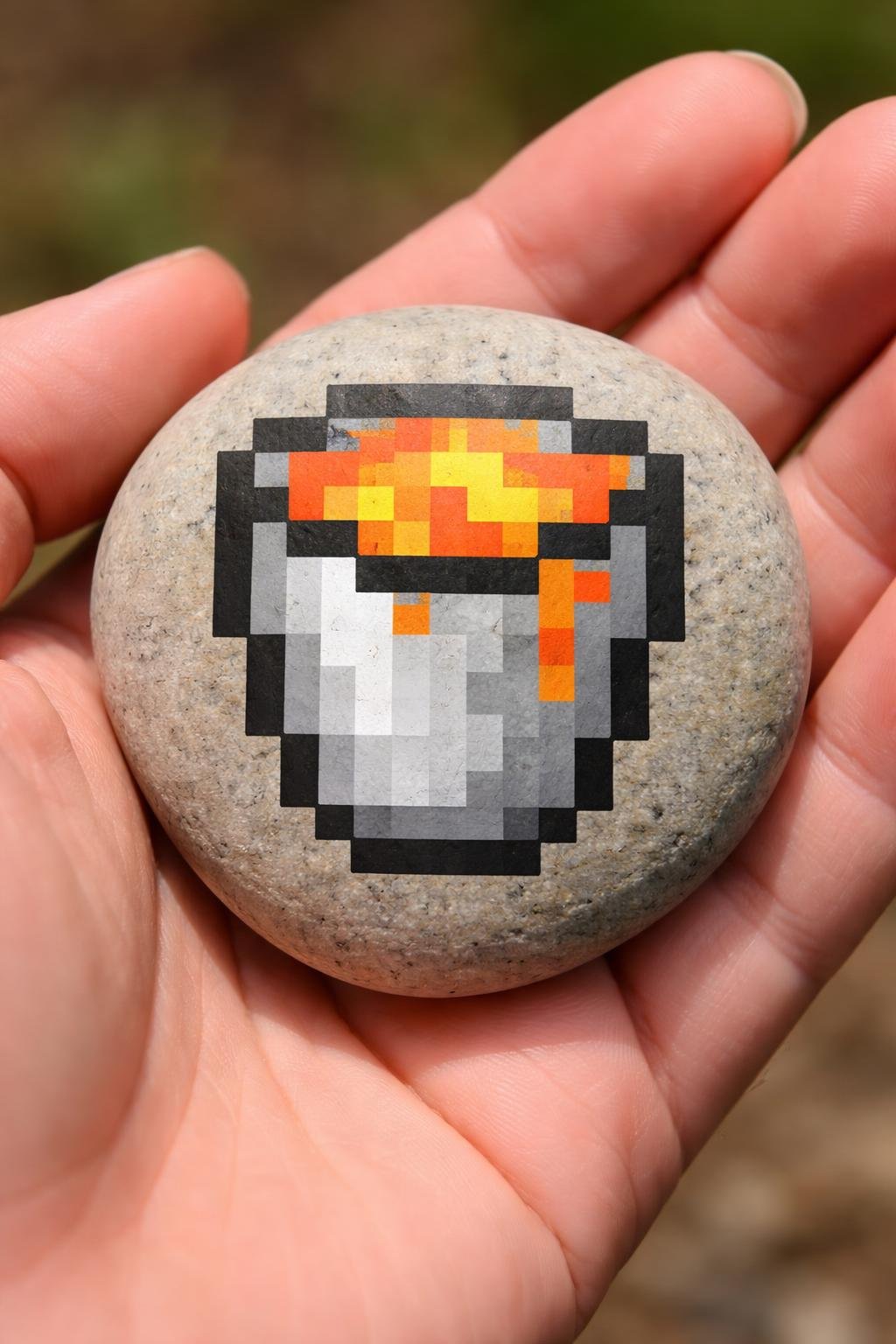 A hand holding a smooth painted rock with a Minecraft lava bucket design.
