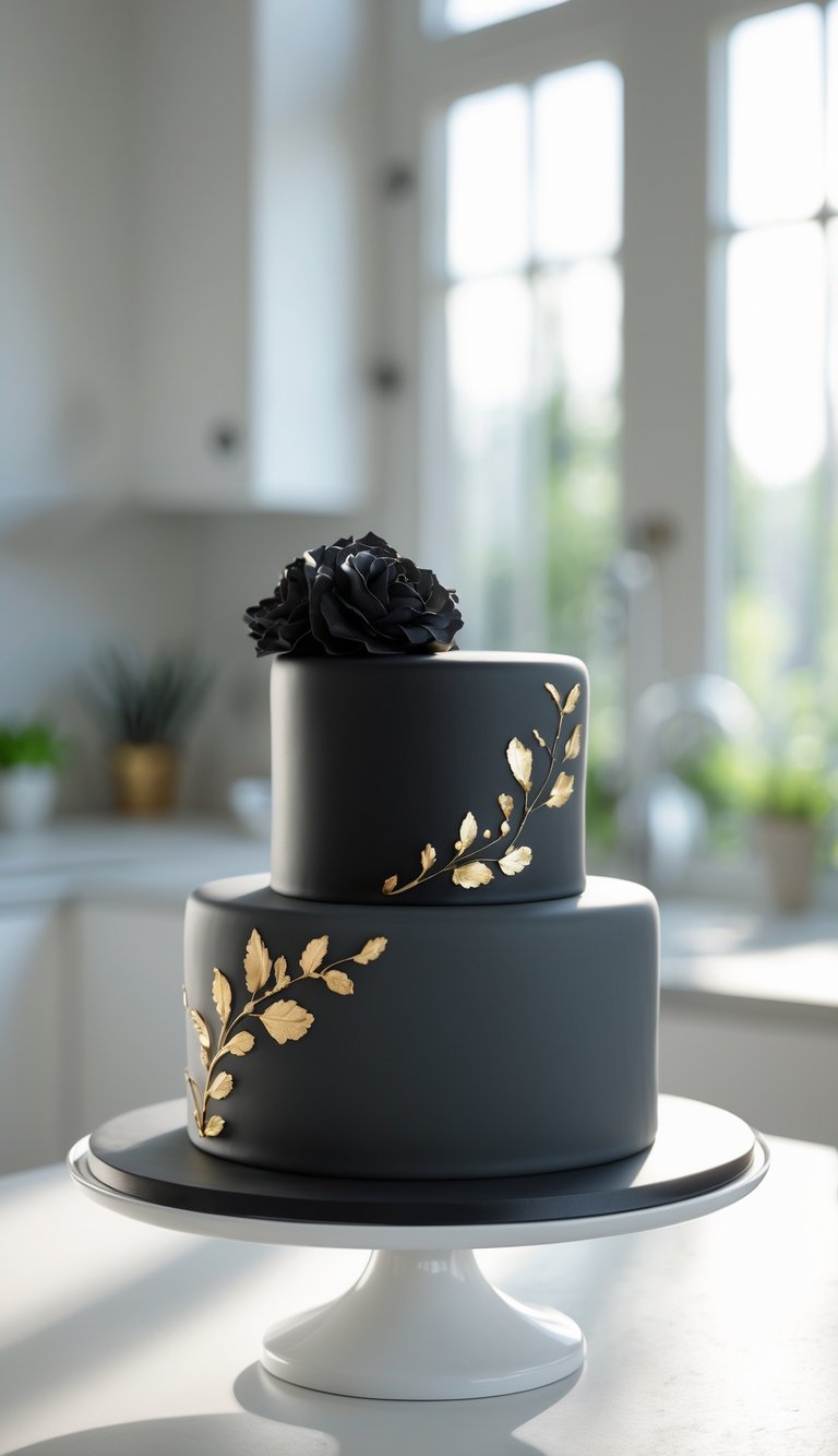 A two-tier black and gold cake on a white cake stand in a bright home kitchen.