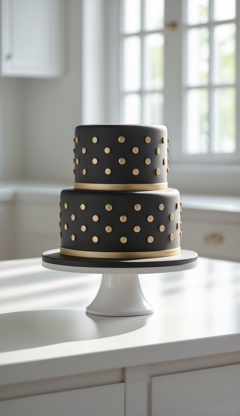 Two-tier black cake with gold polka dots on a white cake stand in a bright home kitchen.