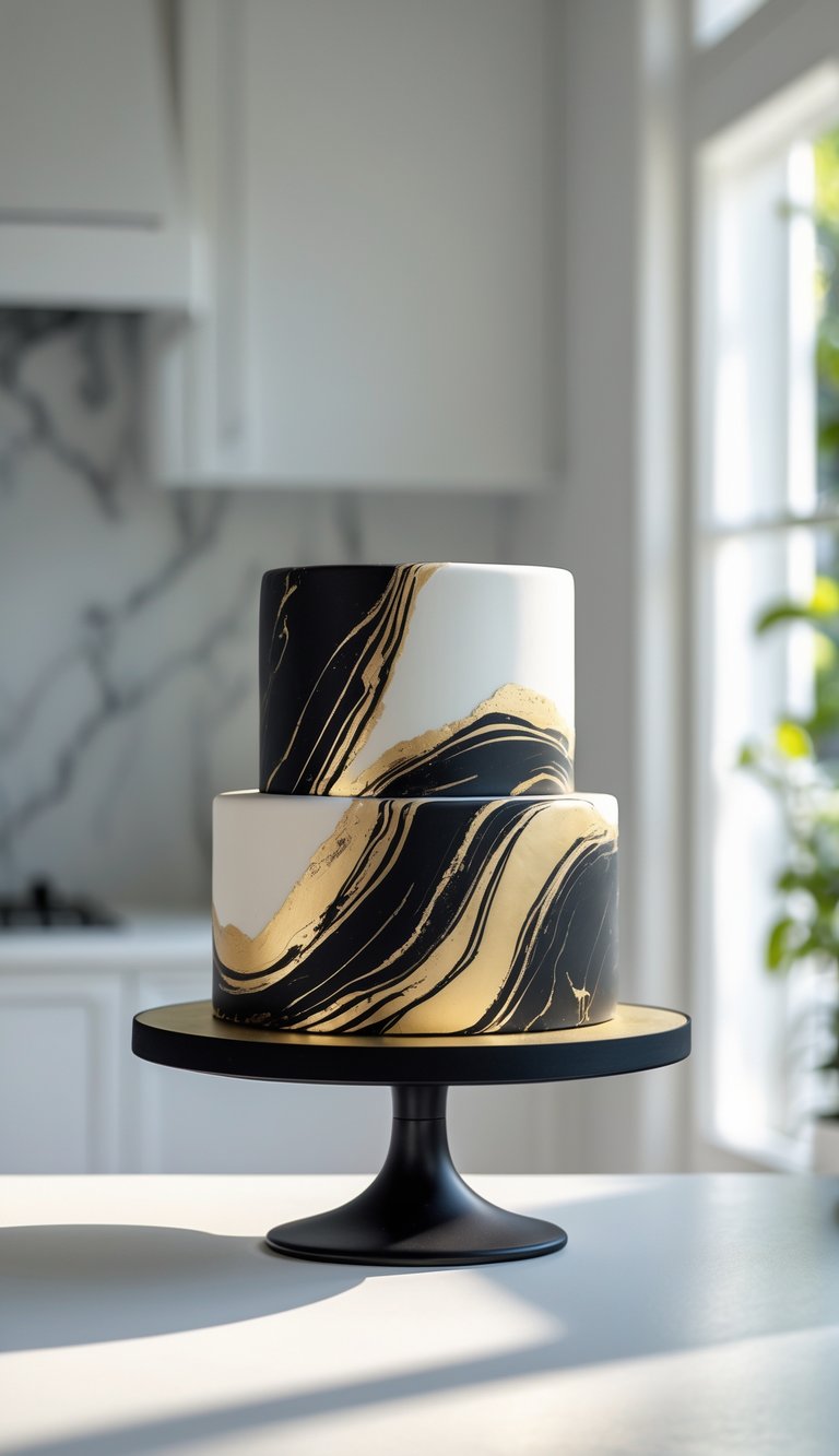A two-tiered black and gold marble cake on a cake stand in a bright home kitchen.