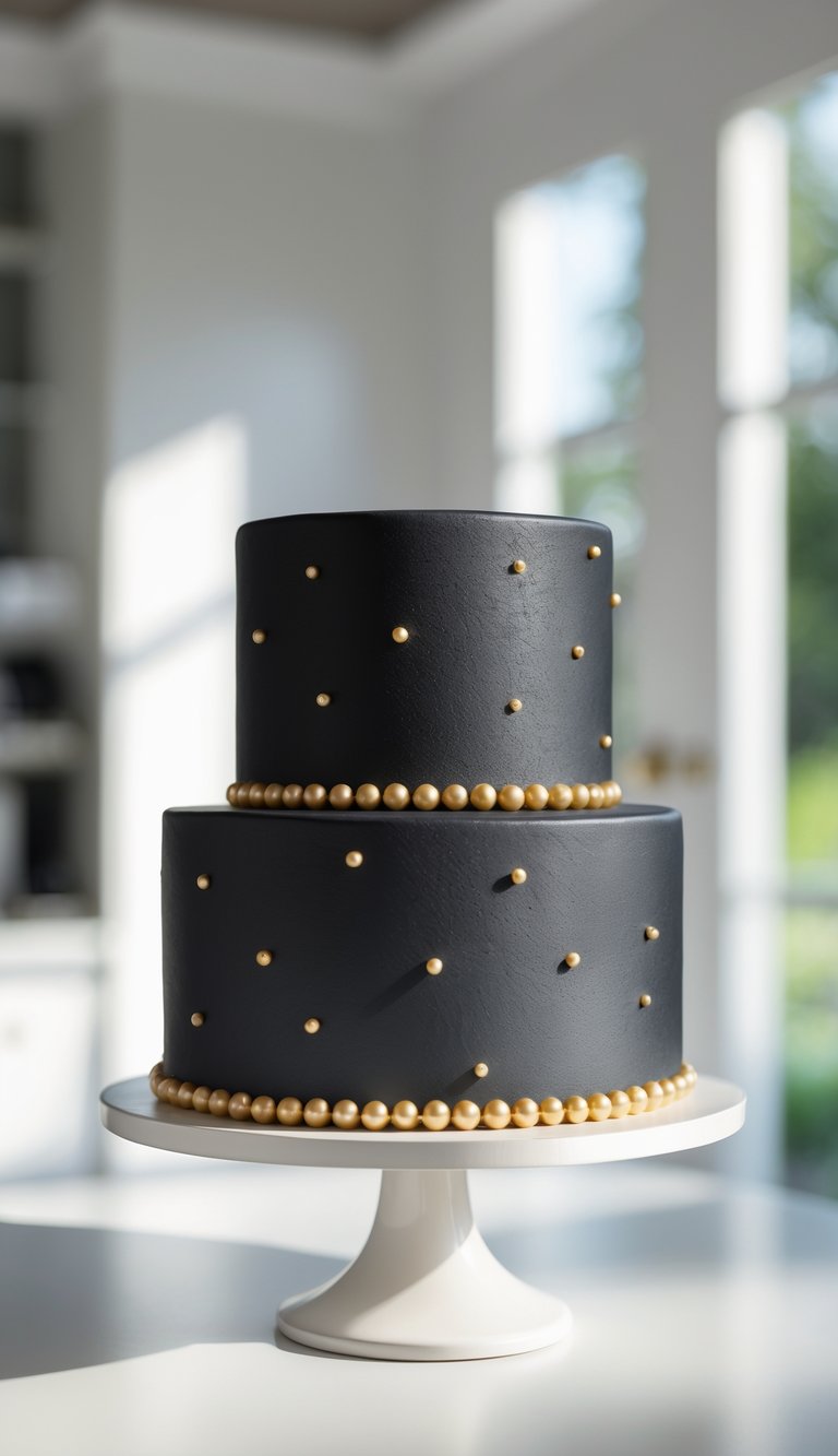 A two-tier black cake decorated with gold pearls on a white cake stand in a bright home kitchen.