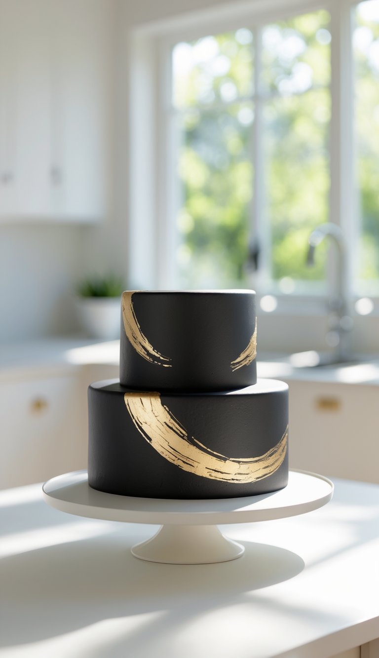 Two-tier black cake with gold brush stroke designs on a white cake stand in a bright home kitchen.