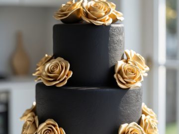 A two-tiered black cake decorated with elegant gold roses sits on a white cake stand in a sunlit modern kitchen.
