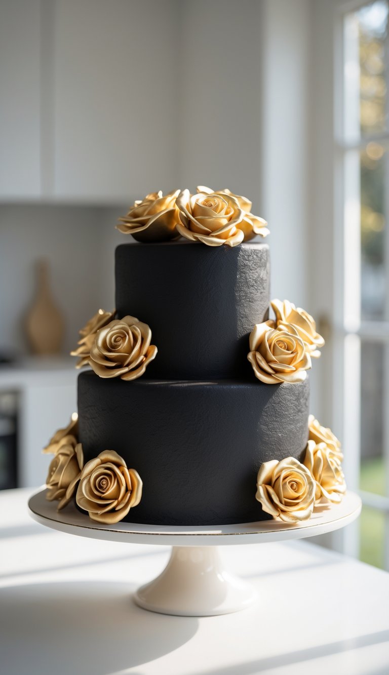 Two-tier black cake with gold fondant roses on a white cake stand in a bright home kitchen.