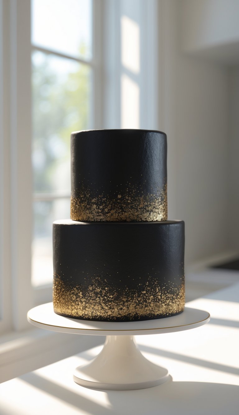 Two-tier black cake with gold glitter on a white cake stand in a bright home kitchen.