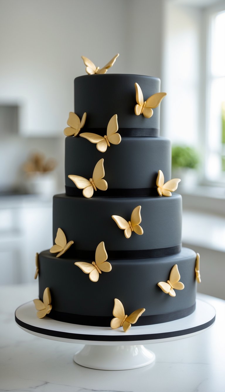 A three-tier black cake decorated with gold butterflies on a white cake stand in a bright home kitchen.
