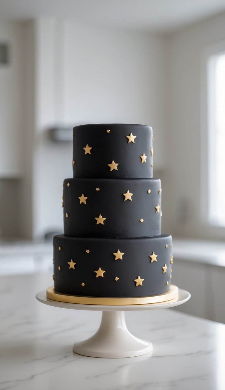 Two-tier black cake decorated with small gold stars on a cake stand in a bright home kitchen.