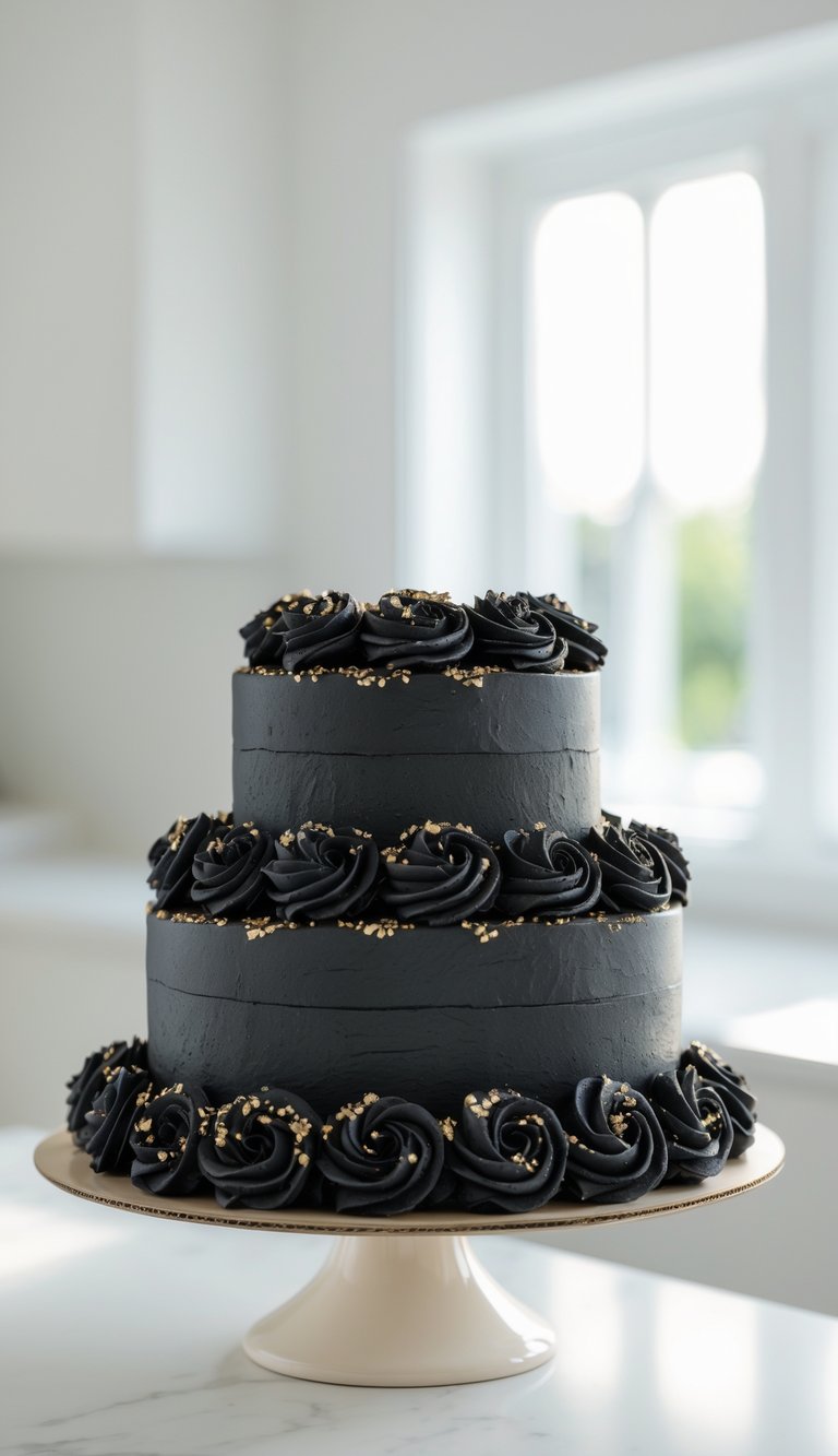 Two-tier cake with black buttercream rosettes decorated with gold sprinkles on a cake stand in a bright home kitchen.