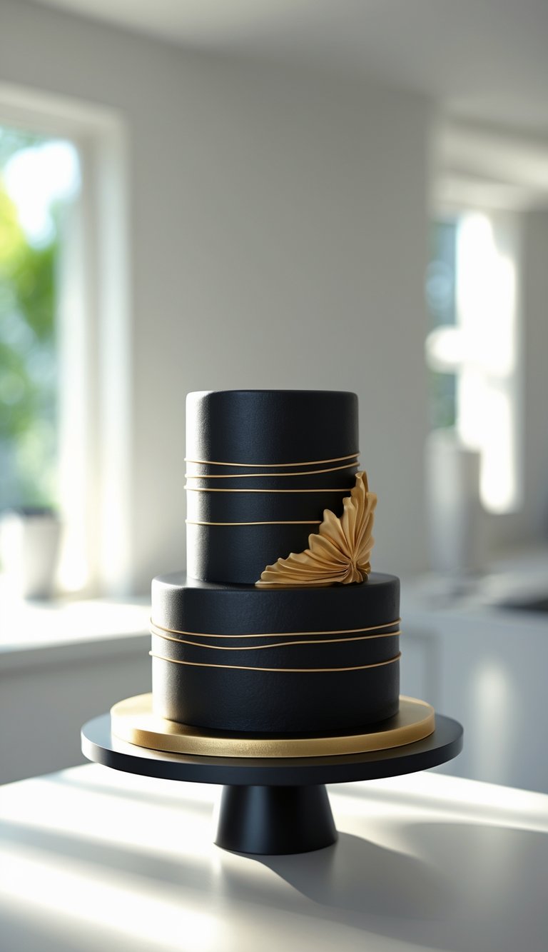 Two-tier black cake with shiny gold stripes on a cake stand in a bright home kitchen.