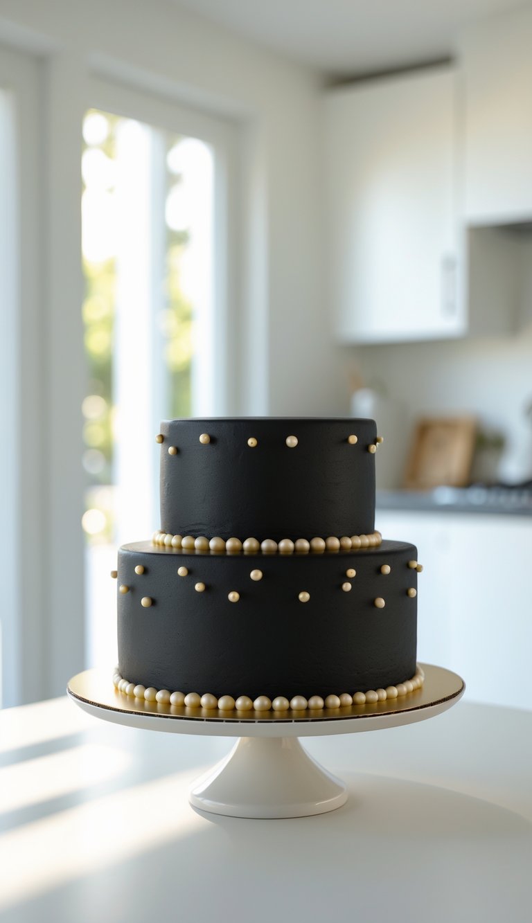 Two-tier black cake decorated with gold pearls on a white cake stand in a bright home kitchen.