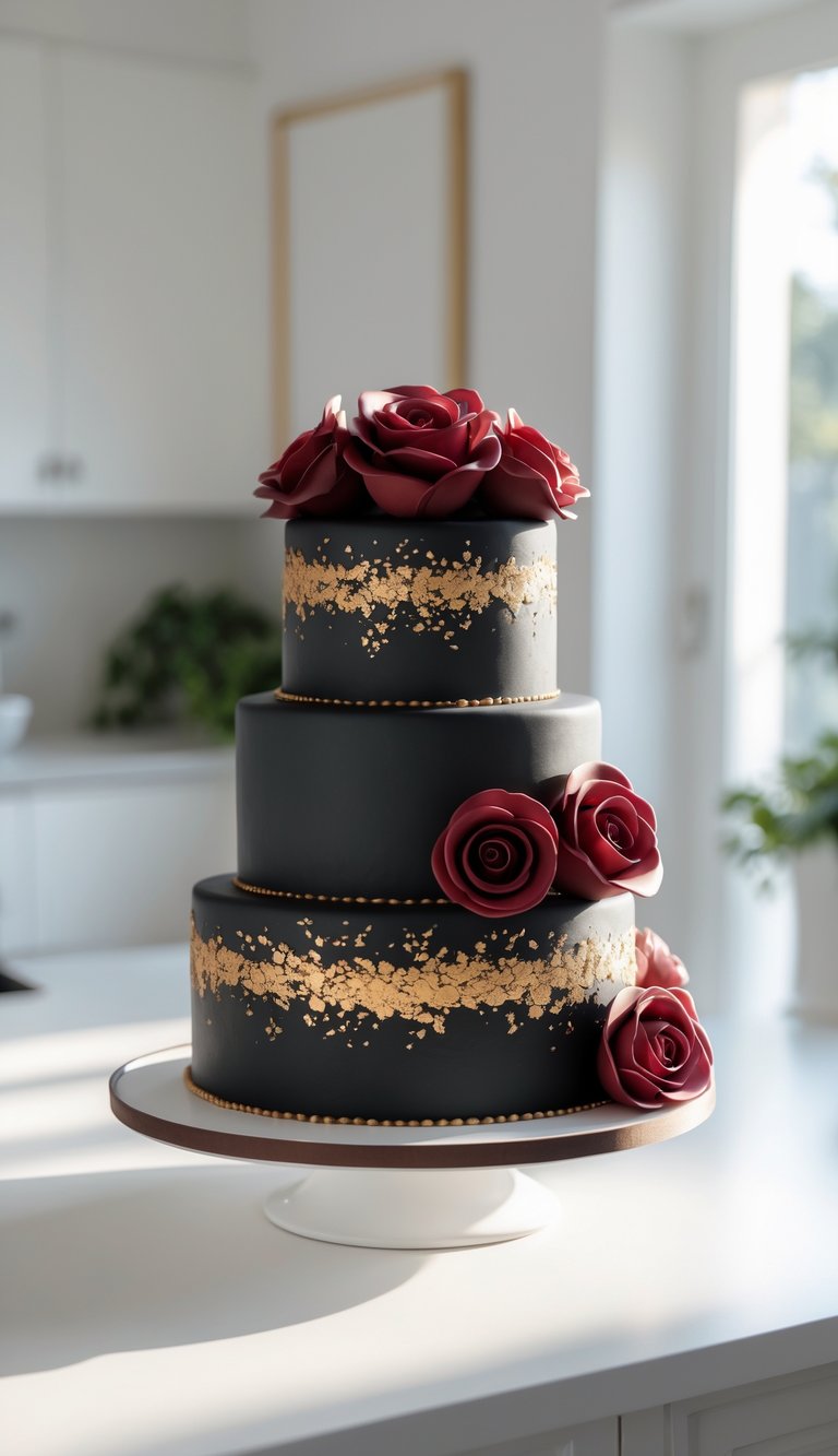 Two-tier black cake with gold flakes and red fondant roses on a white cake stand in a bright home kitchen.