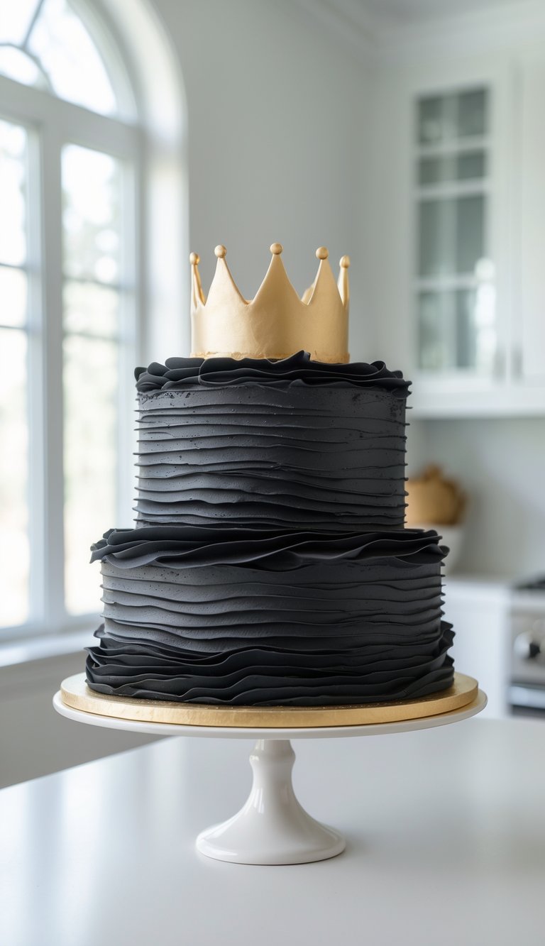 Two-tier cake with black buttercream ruffles and a gold crown topper on a white cake stand in a bright kitchen.
