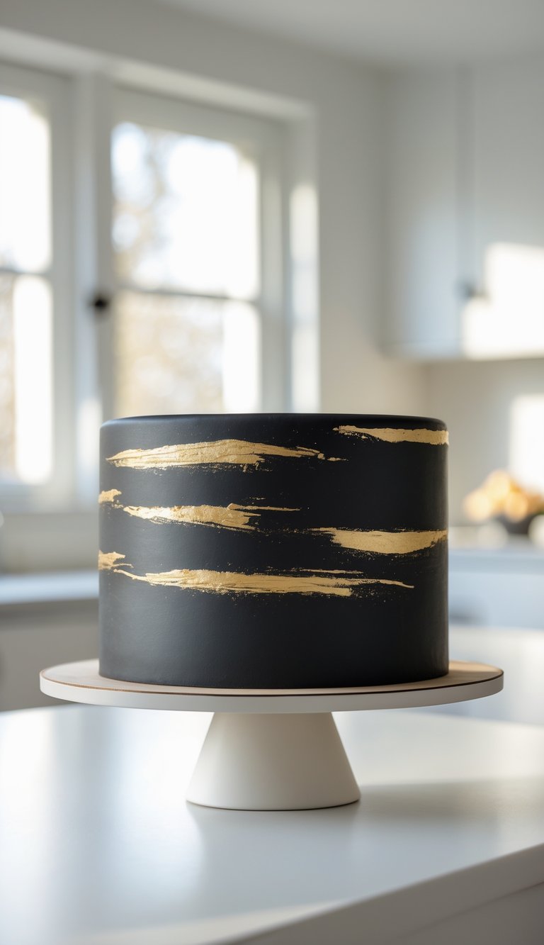 A black fondant cake with gold foil streaks on a cake stand in a bright home kitchen.